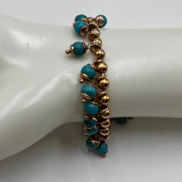 Milor Bronze Italy Faux Blue Turquoise Beaded Dangle Rose Tone Bracelet - Picture 6 of 8